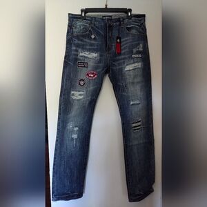 Men's Distressed Blue Jeans with Patches